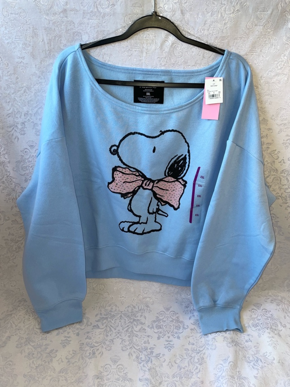 NWT Peanuts Light Blue Off-Shoulder Sweatshirt with Pink Bow Snoopy.  See XXL.